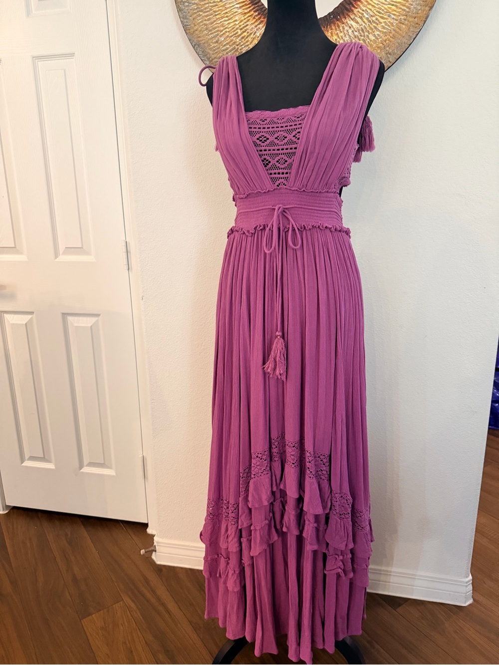 Free People Santa Maria Maxi Dress in Mauve with Tassel Tie